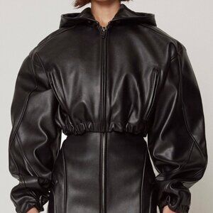 KHY - Kyle Jenner Faux Leather Cropped Hooded Jacket - Black, 2X